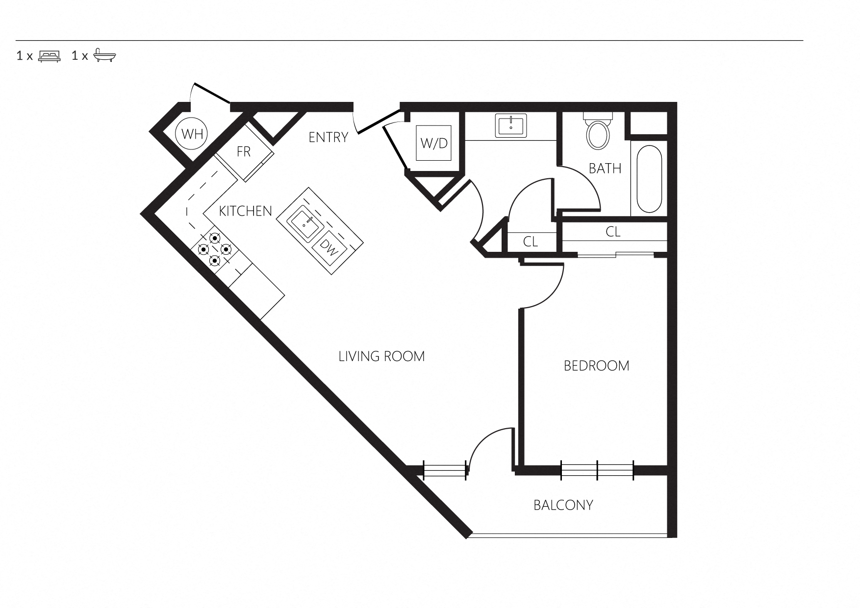 Floor plan for 1 bed, 1 bath, 668 sqft